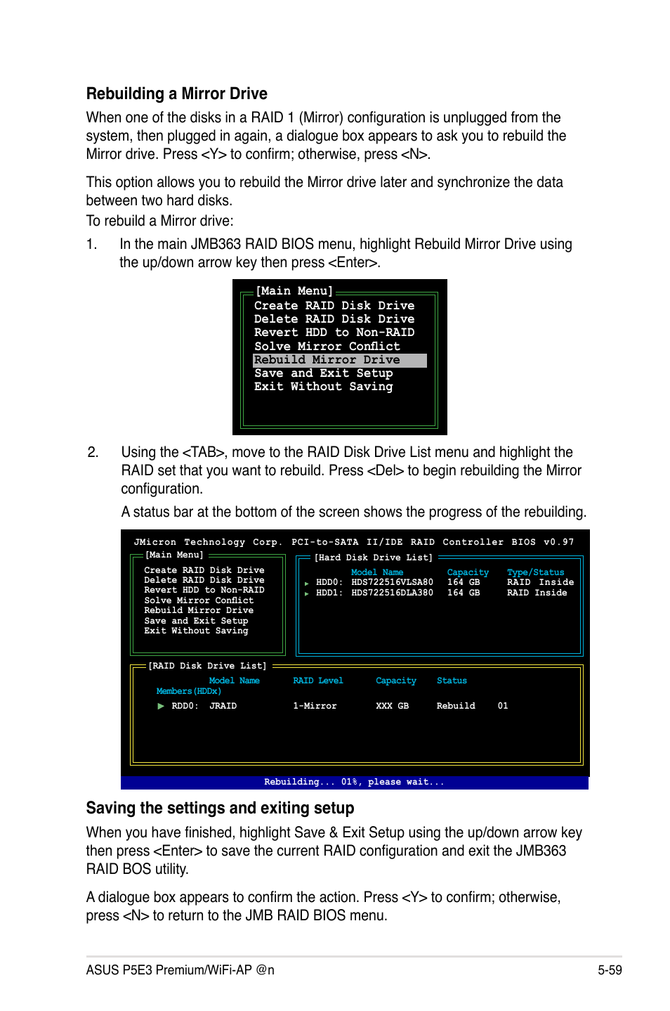 Saving the settings and exiting setup, Rebuilding a mirror drive | Asus P5E3 Premium/WiFi-AP@n User Manual | Page 177 / 200