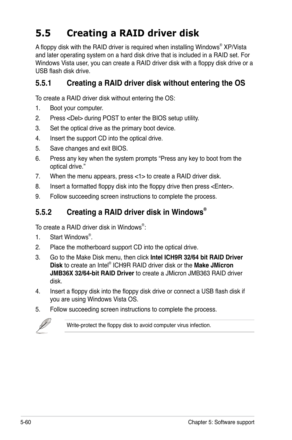 5 creating a raid driver disk, 2 creating a raid driver disk in windows, Creating a raid driver disk -60 5.5.1 | Creating a raid driver disk in windows | Asus P5E3 Premium/WiFi-AP@n User Manual | Page 178 / 200