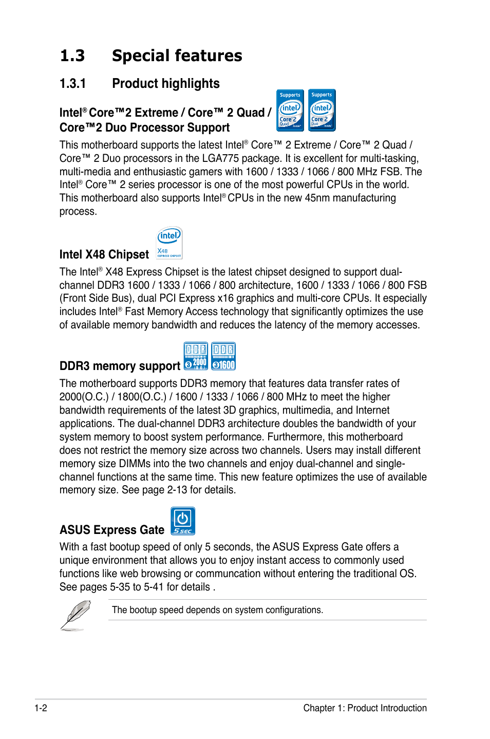 3 special features, 1 product highlights, Special features -2 1.3.1 | Product highlights -2 | Asus P5E3 Premium/WiFi-AP@n User Manual | Page 18 / 200