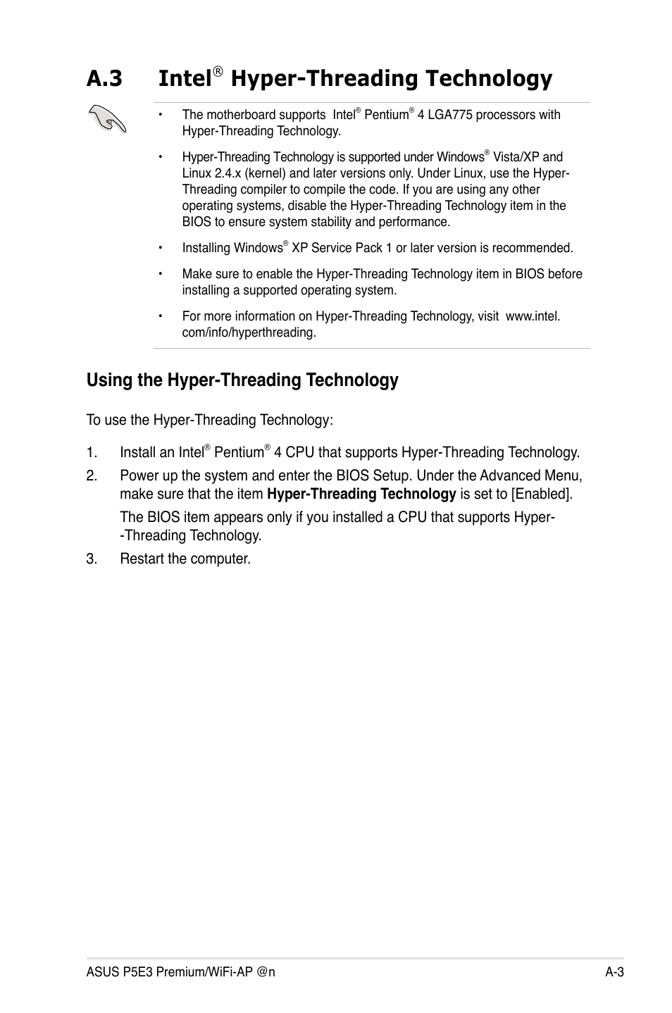 A.3 intel® hyper-threading technology, Using the hyper-threading technology, Intel | A.3 intel, Hyper-threading technology | Asus P5E3 Premium/WiFi-AP@n User Manual | Page 199 / 200