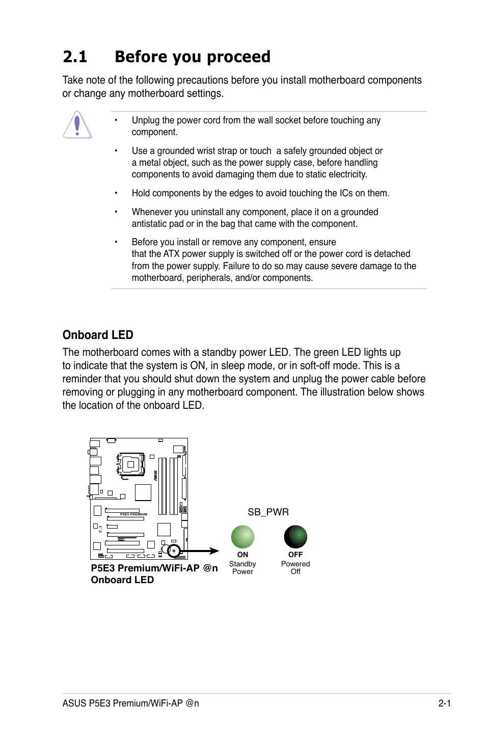 1 before you proceed, Before you proceed -1, Onboard led | Asus P5E3 Premium/WiFi-AP@n User Manual | Page 27 / 200