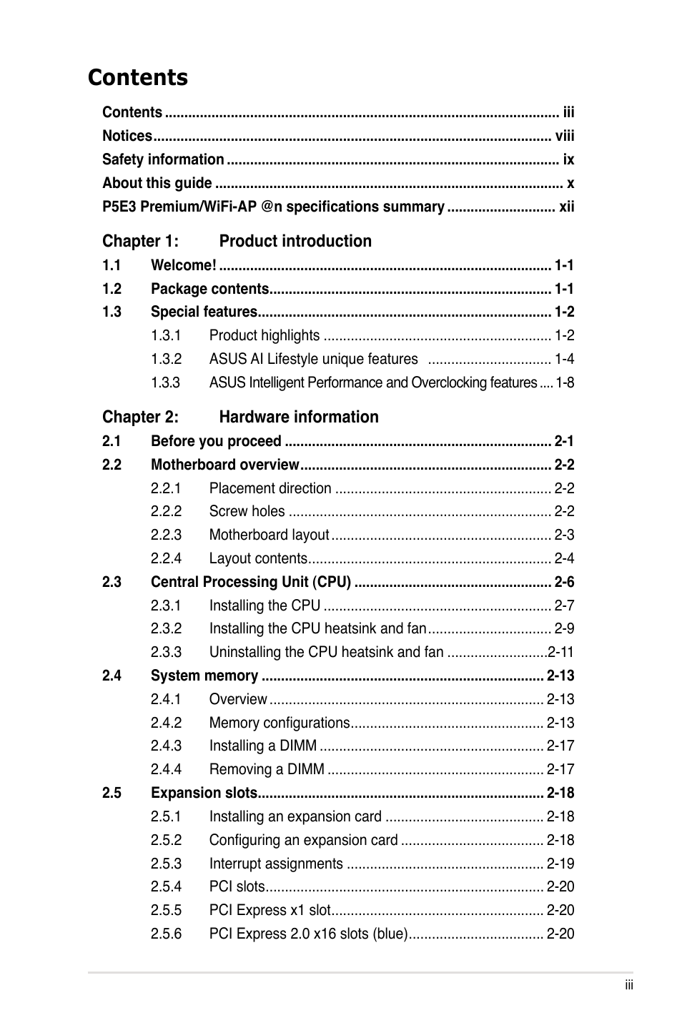 Asus P5E3 Premium/WiFi-AP@n User Manual | Page 3 / 200