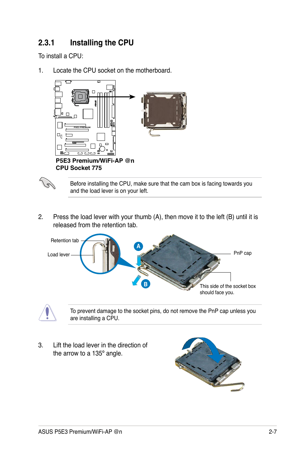 1 installing the cpu, Installing the cpu -7 | Asus P5E3 Premium/WiFi-AP@n User Manual | Page 33 / 200