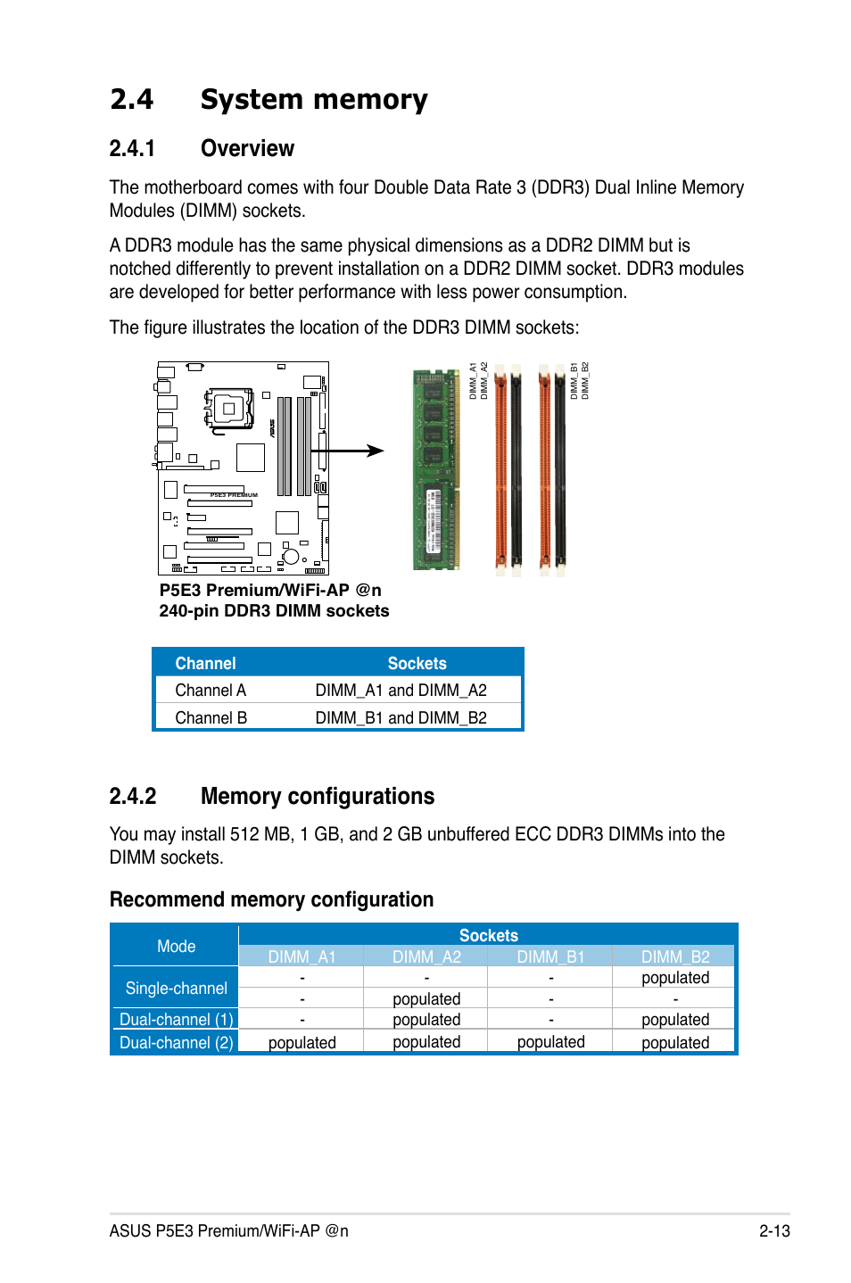 4 system memory, 1 overview, 2 memory configurations | System memory -13 2.4.1, Overview -13, Memory configurations -13 | Asus P5E3 Premium/WiFi-AP@n User Manual | Page 39 / 200