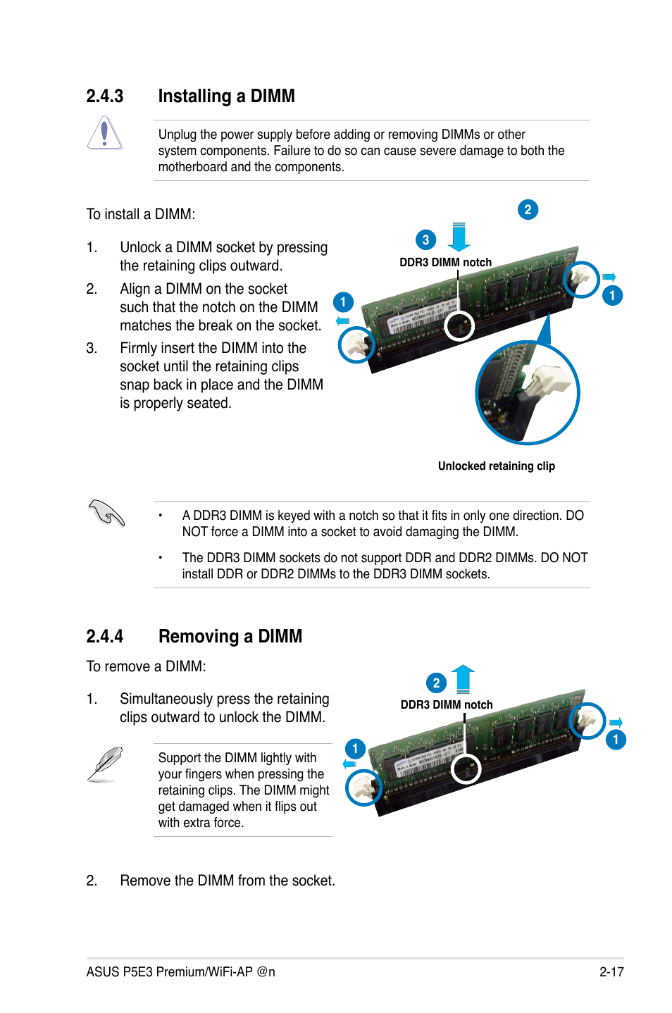 3 installing a dimm, 4 removing a dimm, Installing a dimm -17 | Removing a dimm -17 | Asus P5E3 Premium/WiFi-AP@n User Manual | Page 43 / 200