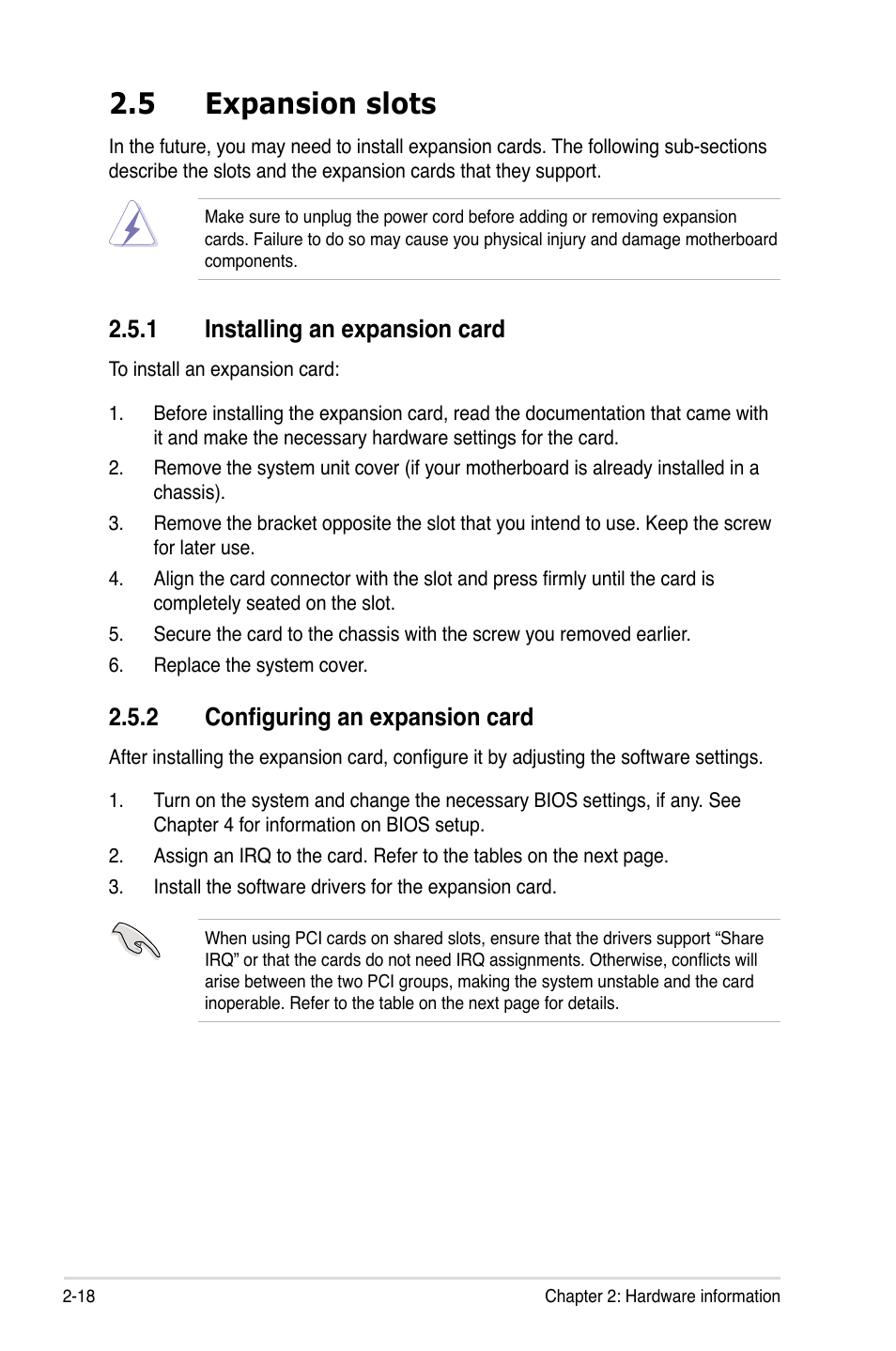 5 expansion slots, 1 installing an expansion card, 2 configuring an expansion card | Expansion slots -18 2.5.1, Installing an expansion card -18, Configuring an expansion card -18 | Asus P5E3 Premium/WiFi-AP@n User Manual | Page 44 / 200