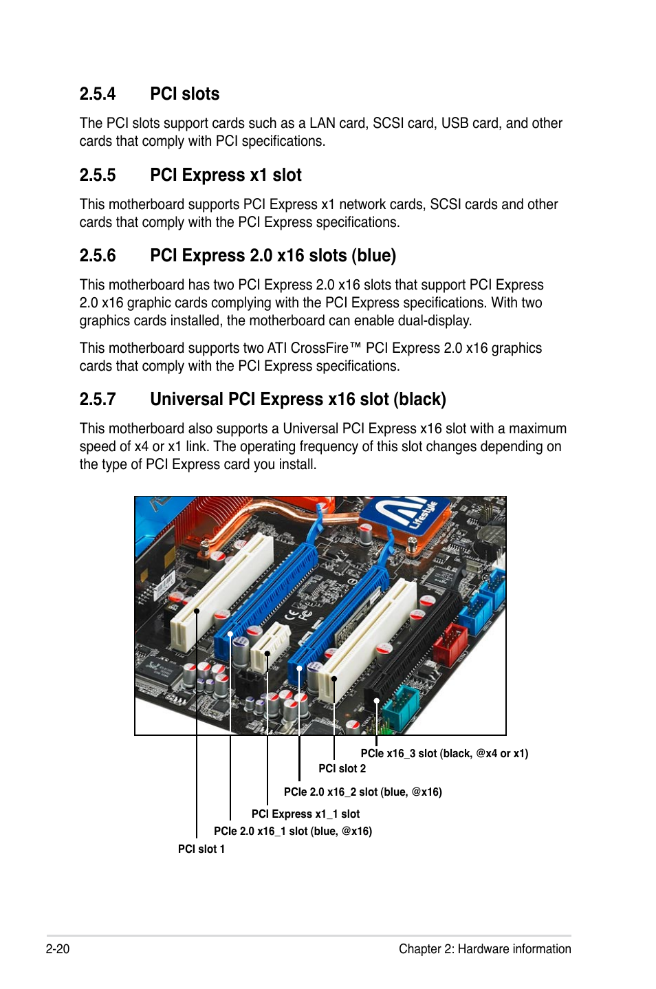 4 pci slots, 5 pci express x1 slot, 6 pci express 2.0 x16 slots (blue) | 7 universal pci express x16 slot (black), Pci slots -20, Pci express x1 slot -20, Pci express 2.0 x16 slots (blue) -20, Universal pci express x16 slot -20 | Asus P5E3 Premium/WiFi-AP@n User Manual | Page 46 / 200