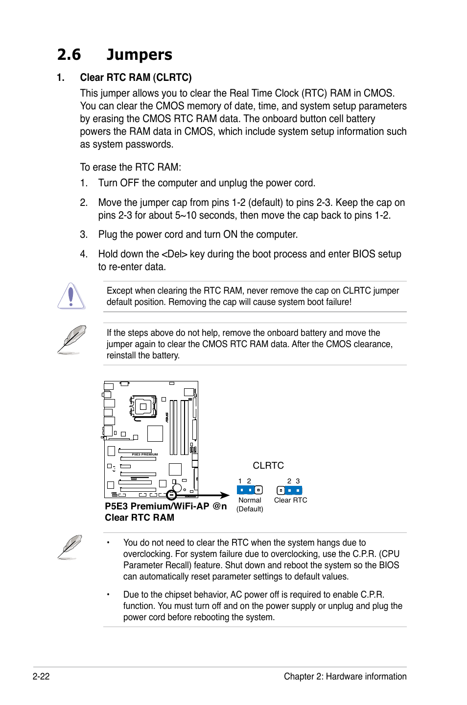 6 jumpers, Jumpers -22 | Asus P5E3 Premium/WiFi-AP@n User Manual | Page 48 / 200