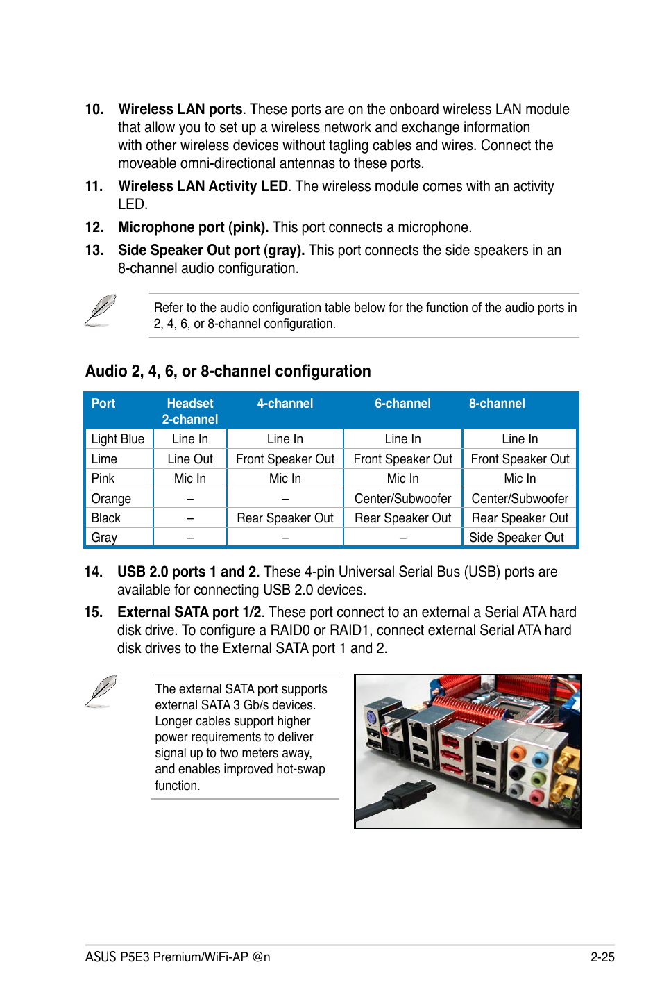 Audio 2, 4, 6, or 8-channel configuration | Asus P5E3 Premium/WiFi-AP@n User Manual | Page 51 / 200