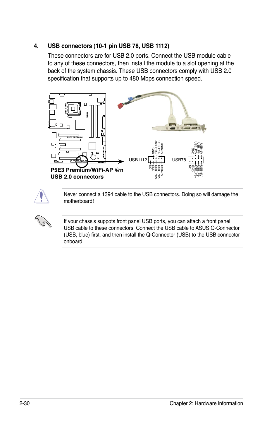 30 chapter 2: hardware information, P5e3 premium/wifi-ap @n usb 2.0 connectors | Asus P5E3 Premium/WiFi-AP@n User Manual | Page 56 / 200