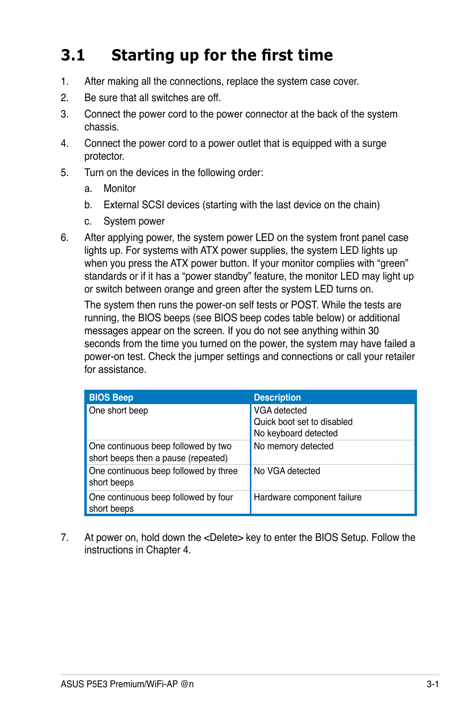 1 starting up for the first time, Starting up for the first time -1 | Asus P5E3 Premium/WiFi-AP@n User Manual | Page 69 / 200