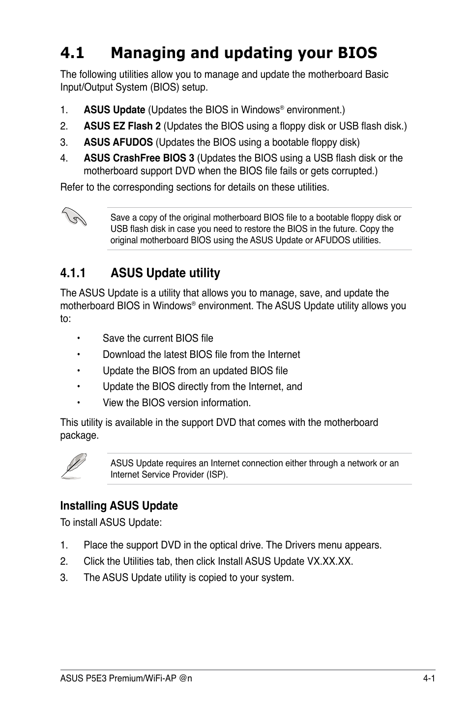 1 managing and updating your bios, 1 asus update utility, Managing and updating your bios -1 4.1.1 | Asus update utility -1 | Asus P5E3 Premium/WiFi-AP@n User Manual | Page 73 / 200