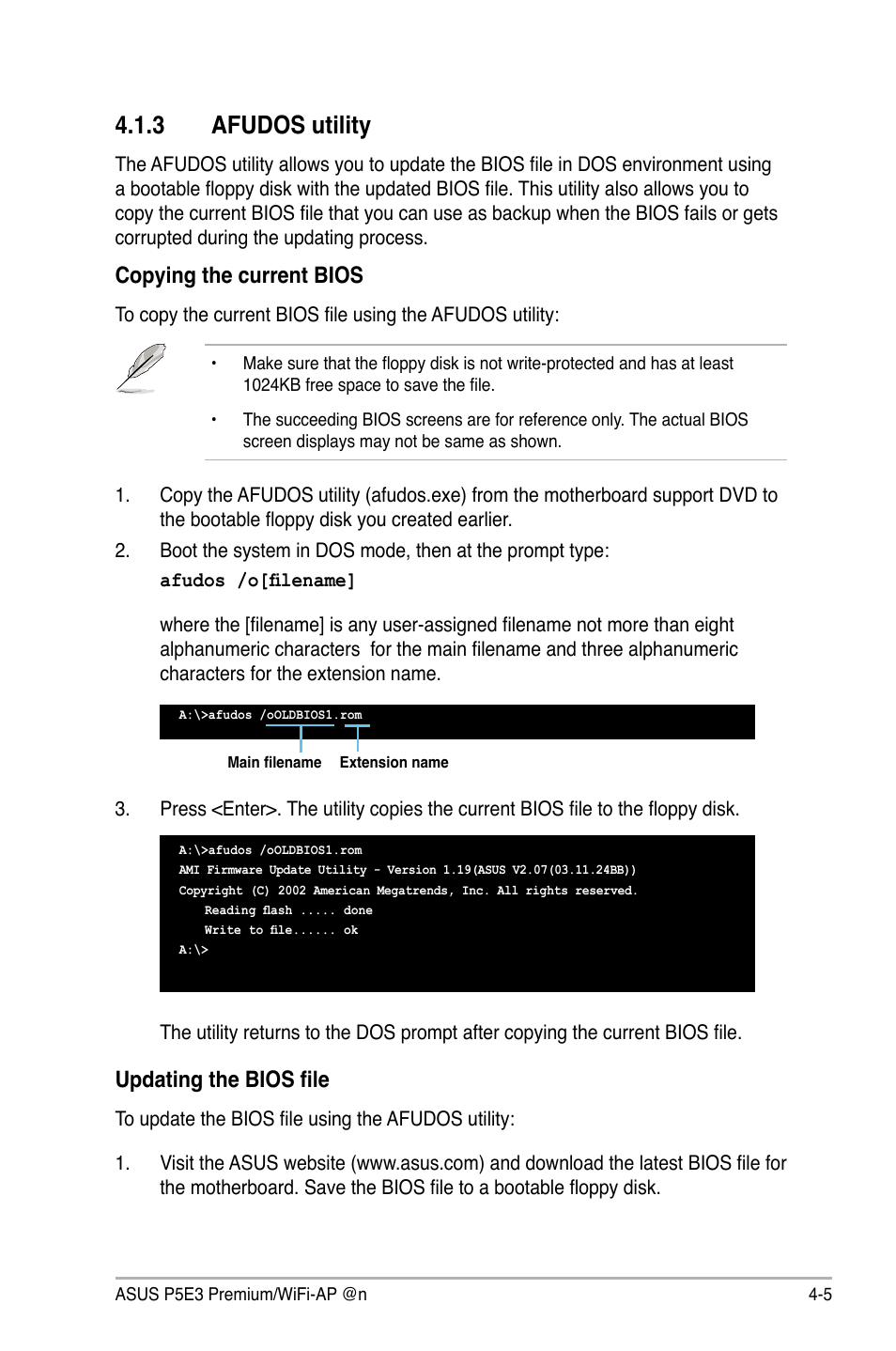 3 afudos utility, Afudos utility -5, Copying the current bios | Updating the bios file | Asus P5E3 Premium/WiFi-AP@n User Manual | Page 77 / 200