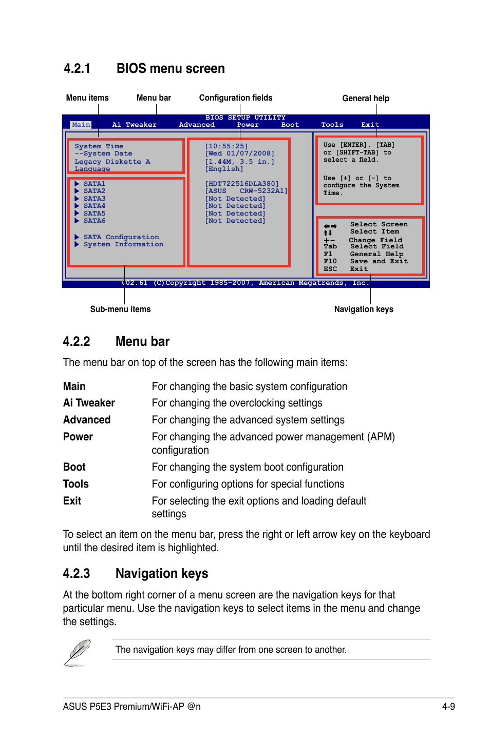 1 bios menu screen, 2 menu bar, 3 navigation keys | Bios menu screen -9, Menu bar -9, Navigation keys -9 | Asus P5E3 Premium/WiFi-AP@n User Manual | Page 81 / 200
