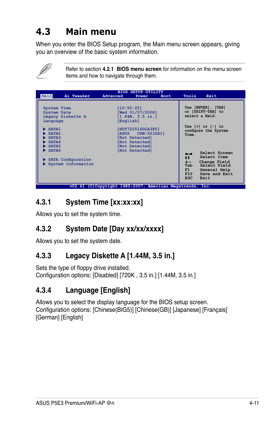 3 main menu, 1 system time [xx:xx:xx, 2 system date [day xx/xx/xxxx | 3 legacy diskette a [1.44m, 3.5 in, 4 language [english, Main menu -11 4.3.1, System time -11, System date -11, Legacy diskette a -11, Language -11 | Asus P5E3 Premium/WiFi-AP@n User Manual | Page 83 / 200