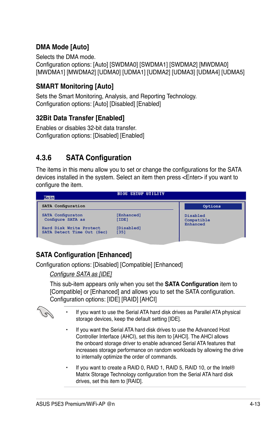 6 sata configuration, Sata configuration -13, Dma mode [auto | Smart monitoring [auto, 32bit data transfer [enabled, Sata configuration [enhanced | Asus P5E3 Premium/WiFi-AP@n User Manual | Page 85 / 200