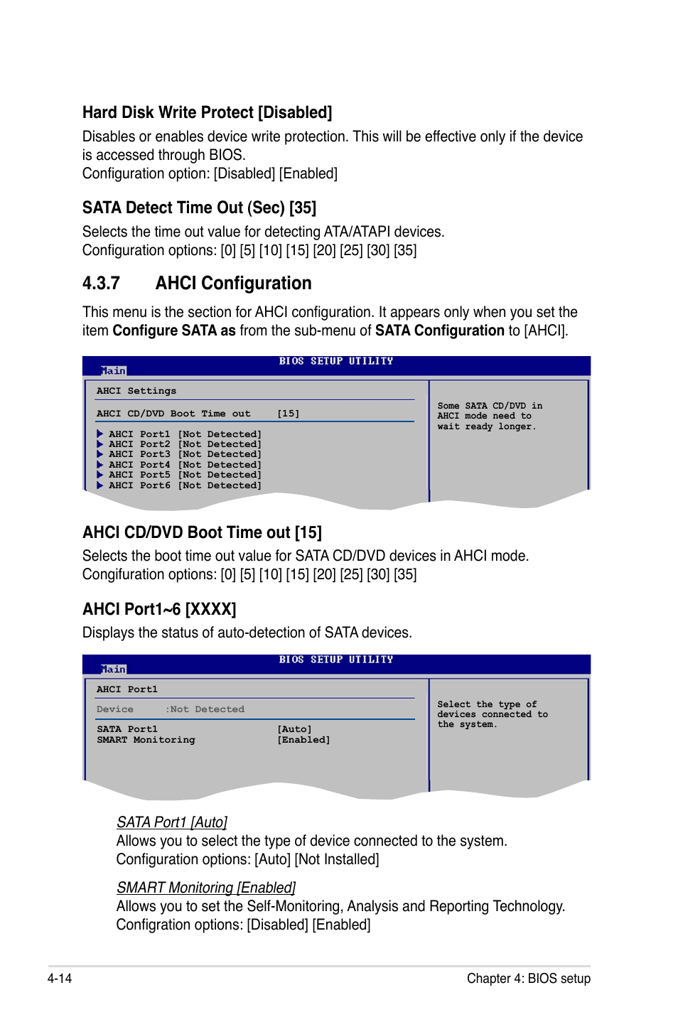 7 ahci configuration, Ahci configuration -14, Hard disk write protect [disabled | Sata detect time out (sec) [35, Ahci cd/dvd boot time out [15 | Asus P5E3 Premium/WiFi-AP@n User Manual | Page 86 / 200