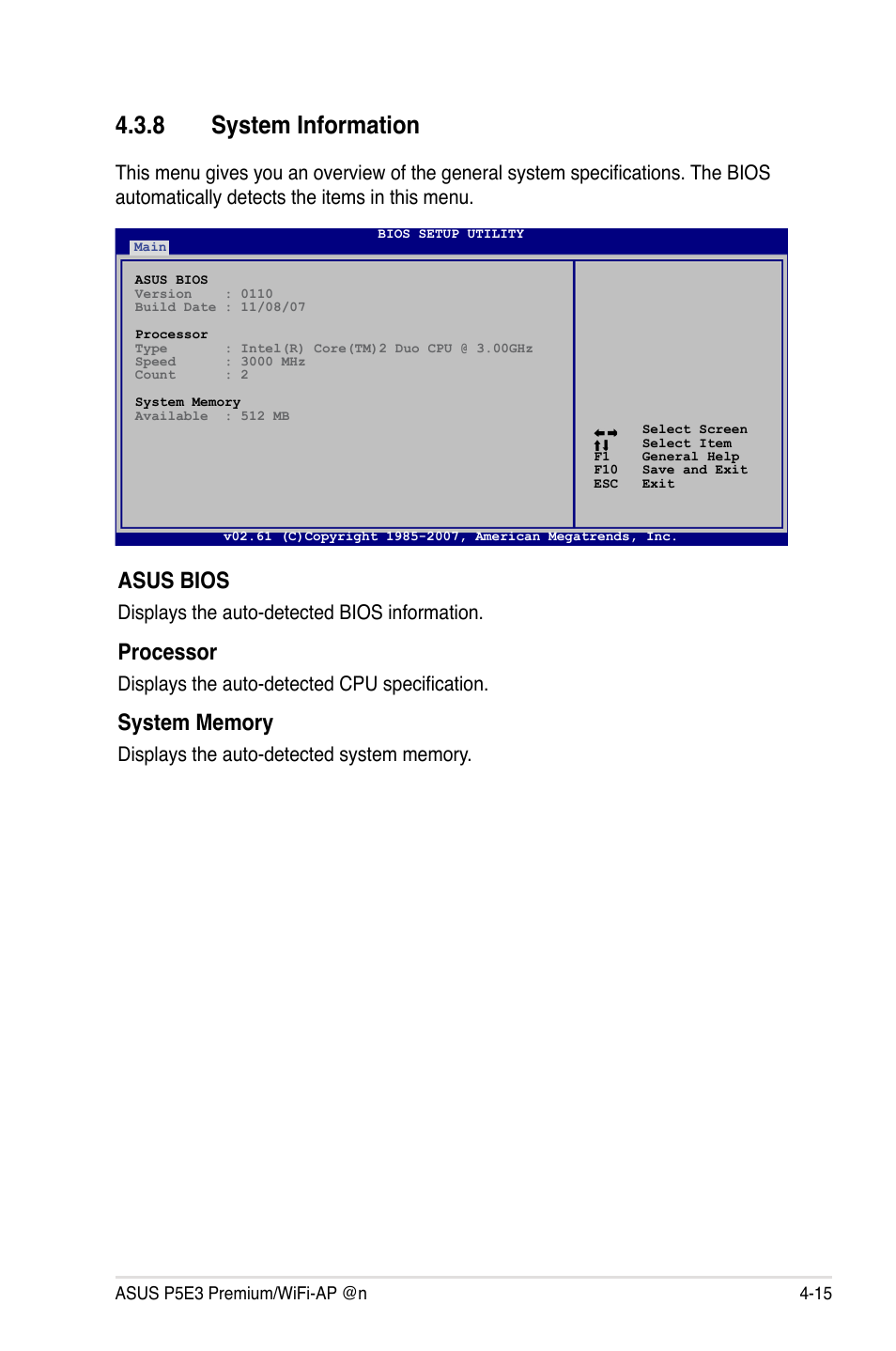 8 system information, System information -15, Asus bios | Processor, Displays the auto-detected bios information, Displays the auto-detected cpu specification | Asus P5E3 Premium/WiFi-AP@n User Manual | Page 87 / 200