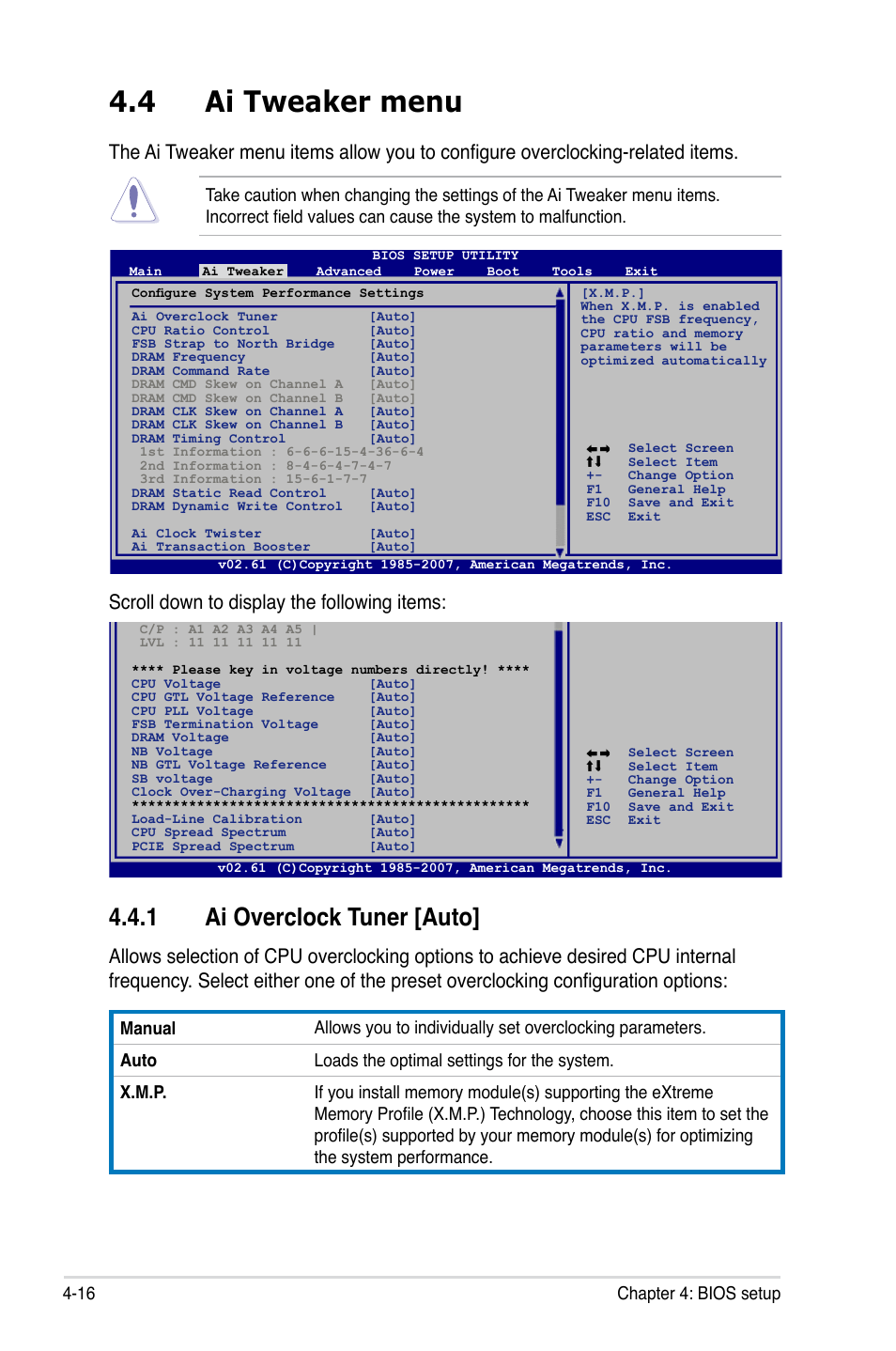 4 ai tweaker menu, 1 ai overclock tuner [auto, Ai tweaker menu -16 4.4.1 | Ai overclock tuner -16, Scroll down to display the following items, 16 chapter 4: bios setup | Asus P5E3 Premium/WiFi-AP@n User Manual | Page 88 / 200