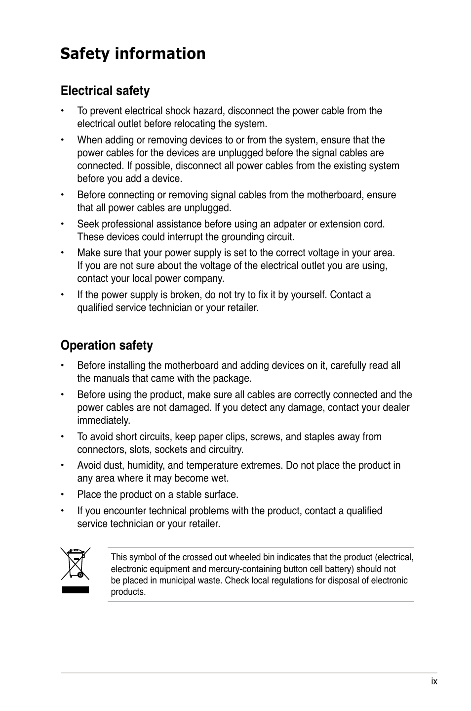 Safety information, Electrical safety, Operation safety | Asus P5E3 Premium/WiFi-AP@n User Manual | Page 9 / 200