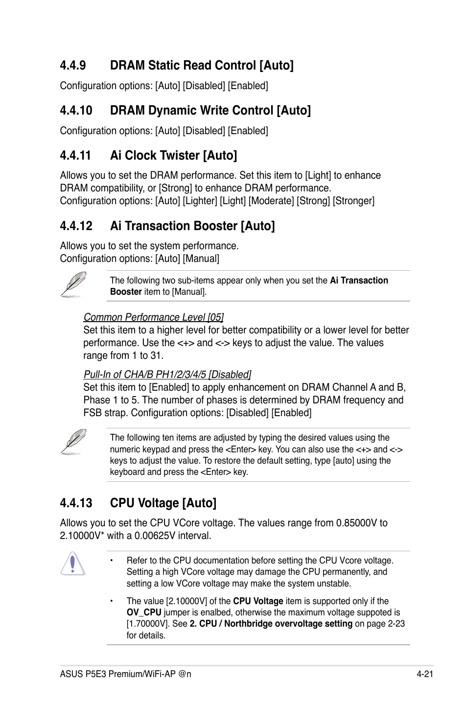 9 dram static read control [auto, 10 dram dynamic write control [auto, 11 ai clock twister [auto | 12 ai transaction booster [auto, 13 cpu voltage [auto, Dram static read contro -21 | Asus P5E3 Premium/WiFi-AP@n User Manual | Page 93 / 200