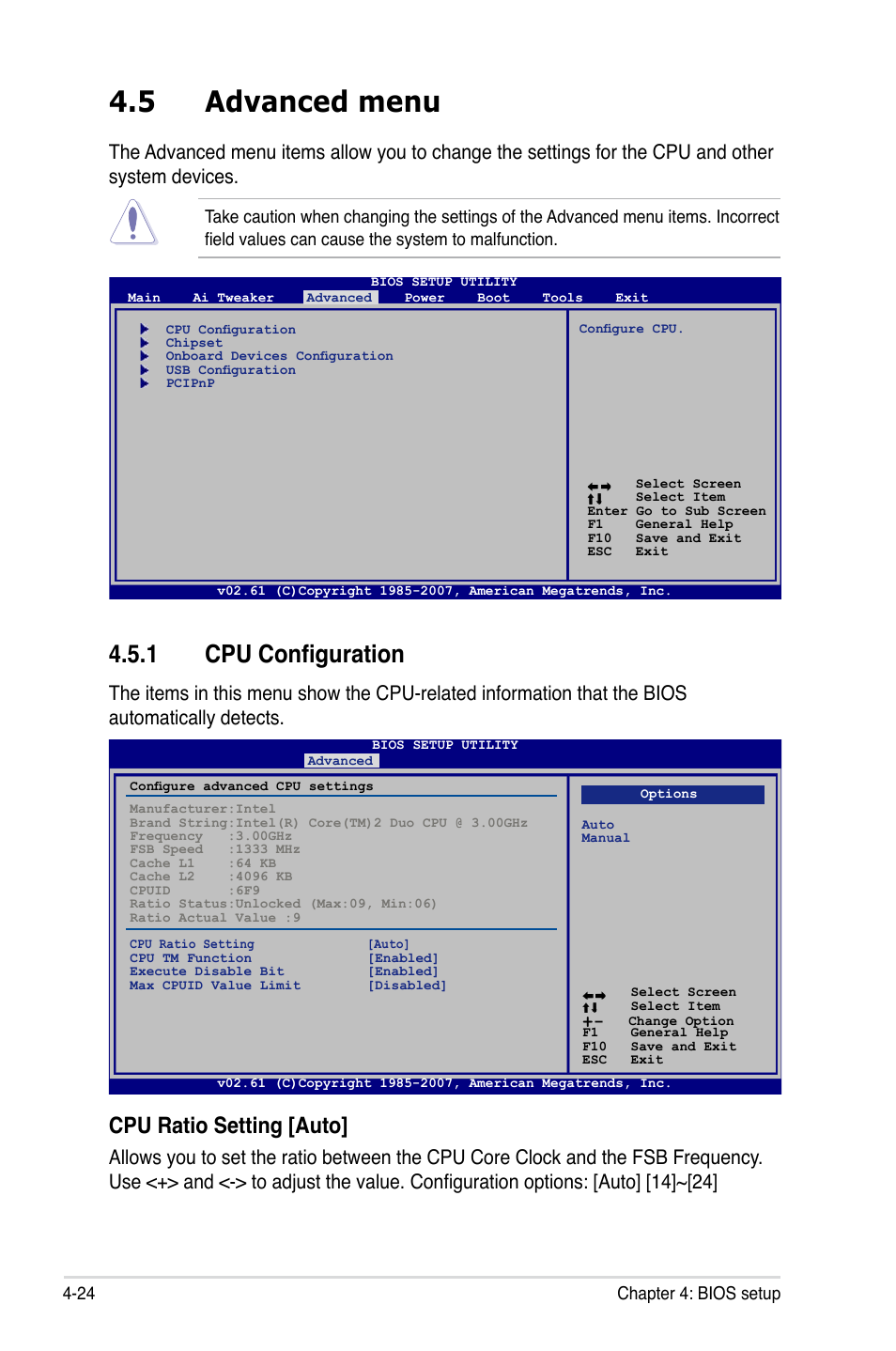 5 advanced menu, 1 cpu configuration, Advanced menu -24 4.5.1 | Cpu configuration -24, Cpu ratio setting [auto | Asus P5E3 Premium/WiFi-AP@n User Manual | Page 96 / 200