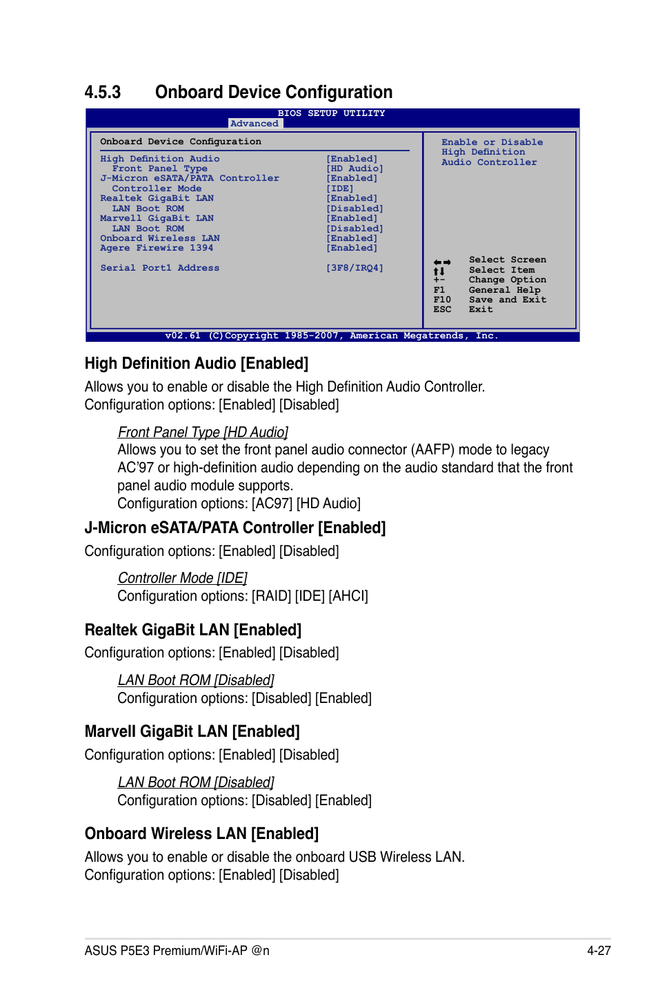 3 onboard device configuration, Onboard device configuration -27, High definition audio [enabled | J-micron esata/pata controller [enabled, Realtek gigabit lan [enabled, Marveli gigabit lan [enabled, Onboard wireless lan [enabled | Asus P5E3 Premium/WiFi-AP@n User Manual | Page 99 / 200