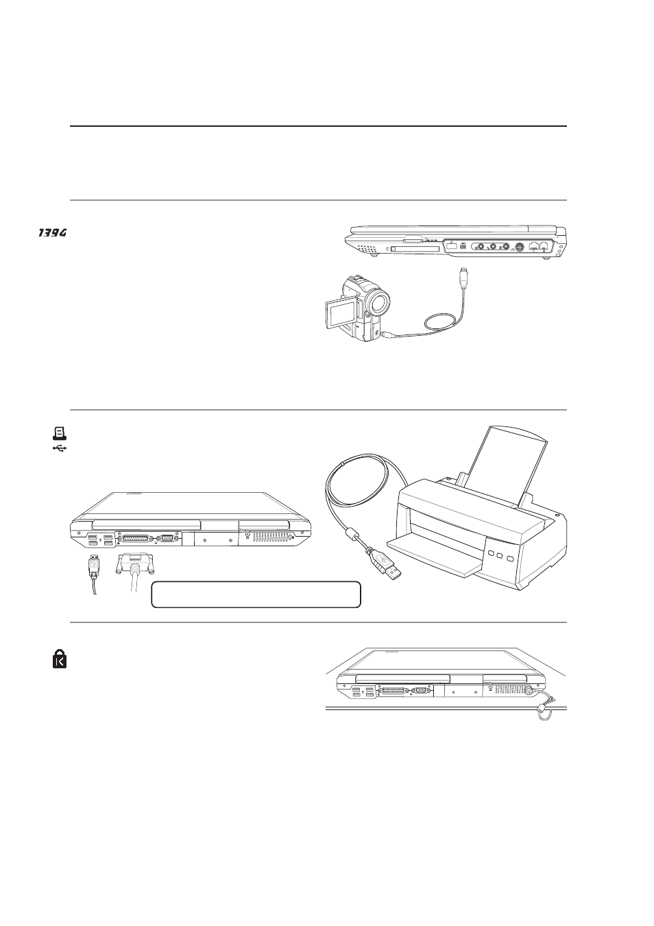 Optional connections (cont.), Printer connection, Ieee1394 (on selected models) | Asus Z92Vm User Manual | Page 64 / 78