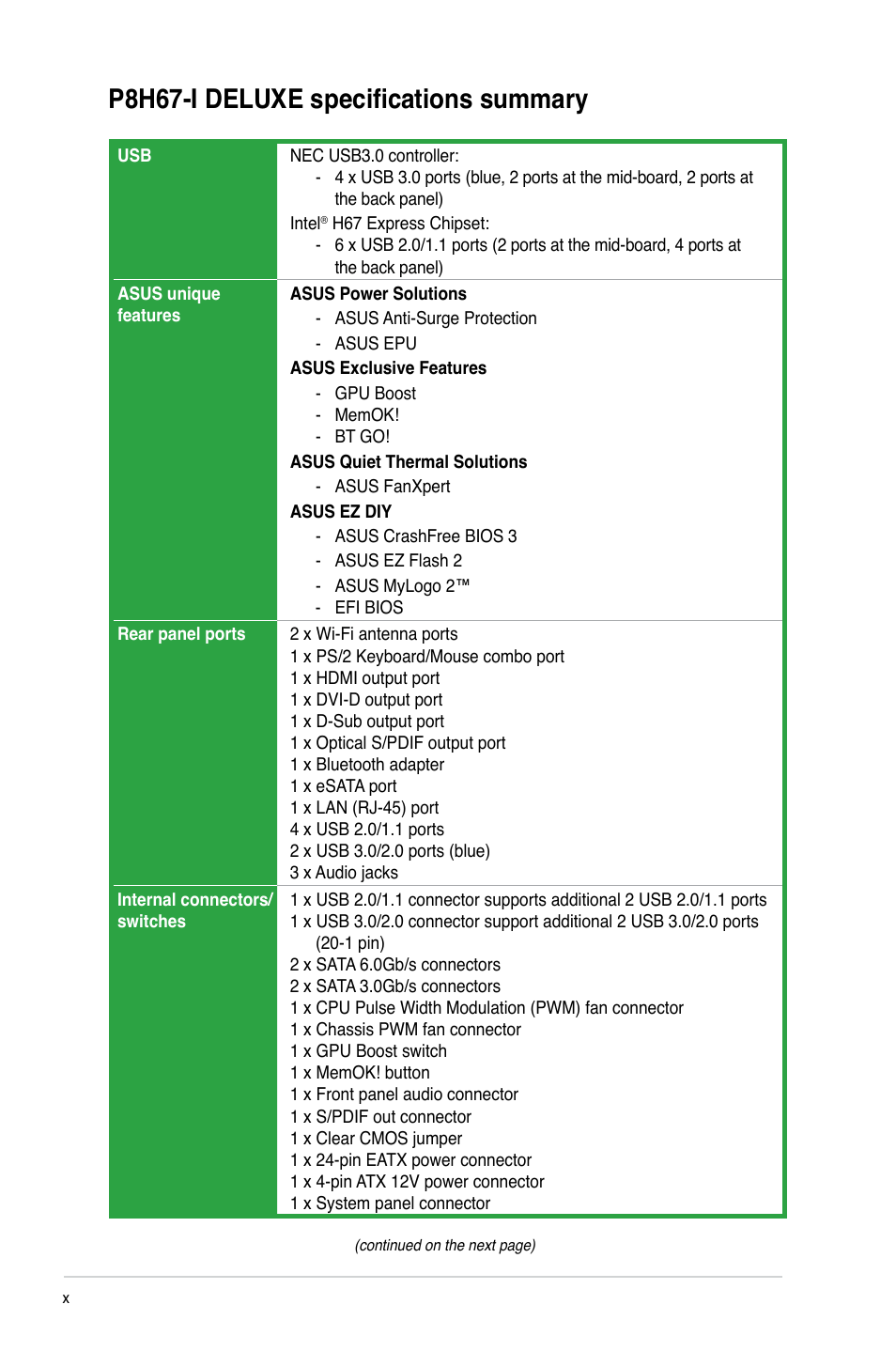 P8h67-i deluxe specifications summary | Asus P8H67-I Deluxe User Manual | Page 10 / 58