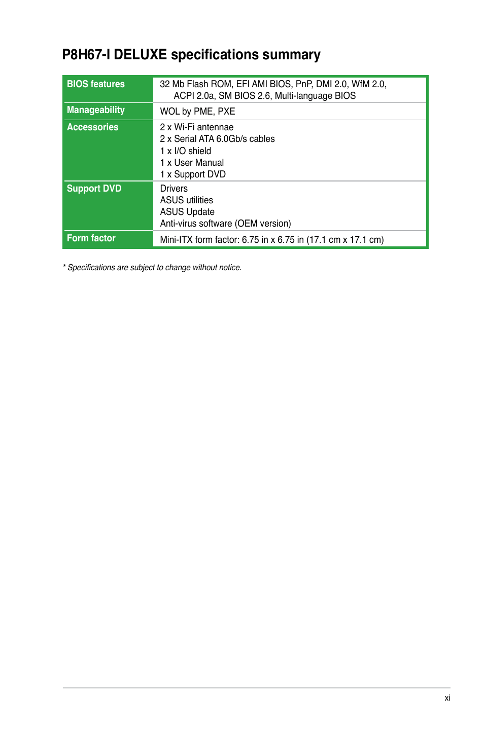 P8h67-i deluxe specifications summary | Asus P8H67-I Deluxe User Manual | Page 11 / 58