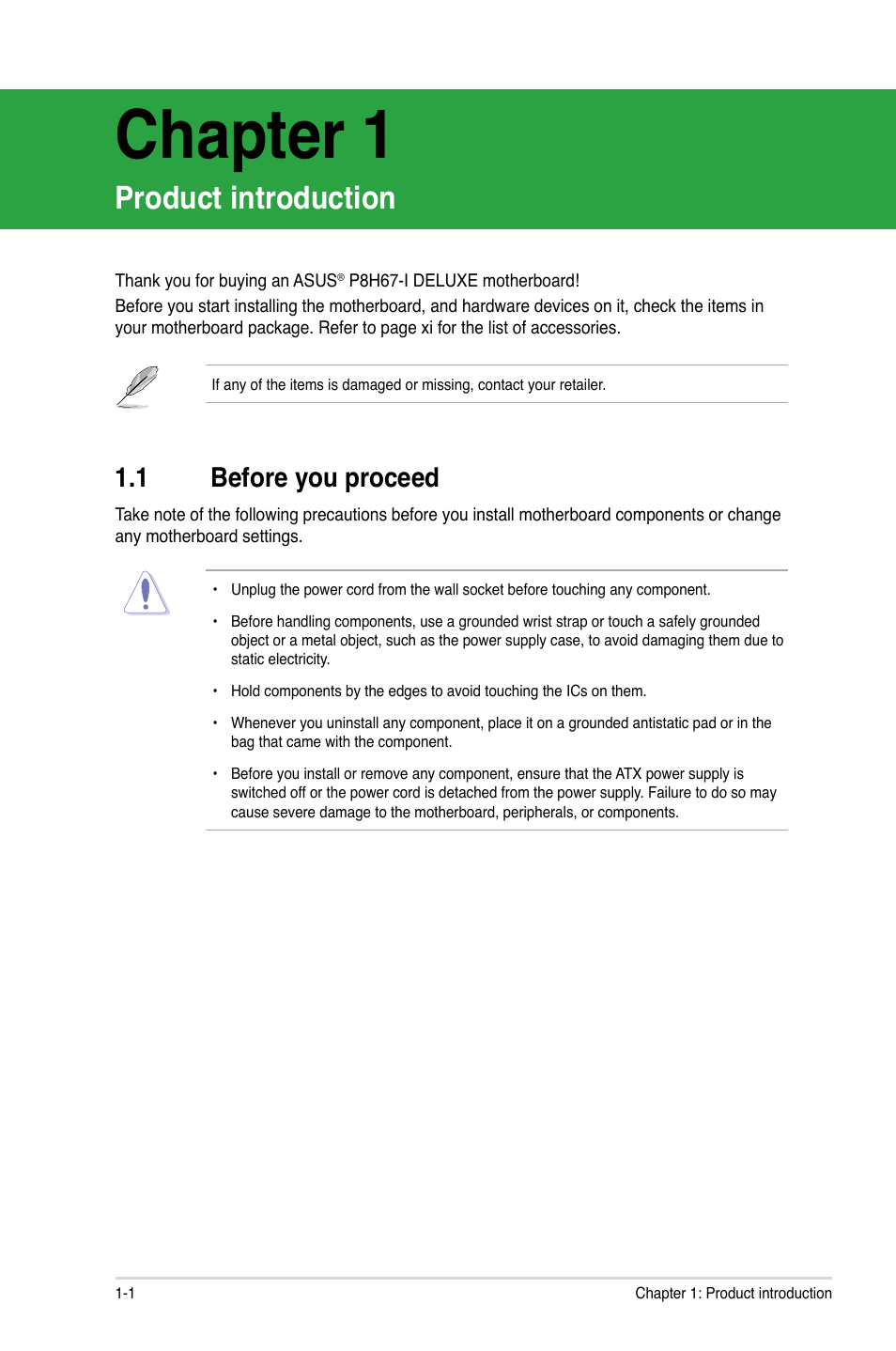 Chapter 1, Product introduction, 1 before you proceed | Before you proceed -1 | Asus P8H67-I Deluxe User Manual | Page 12 / 58