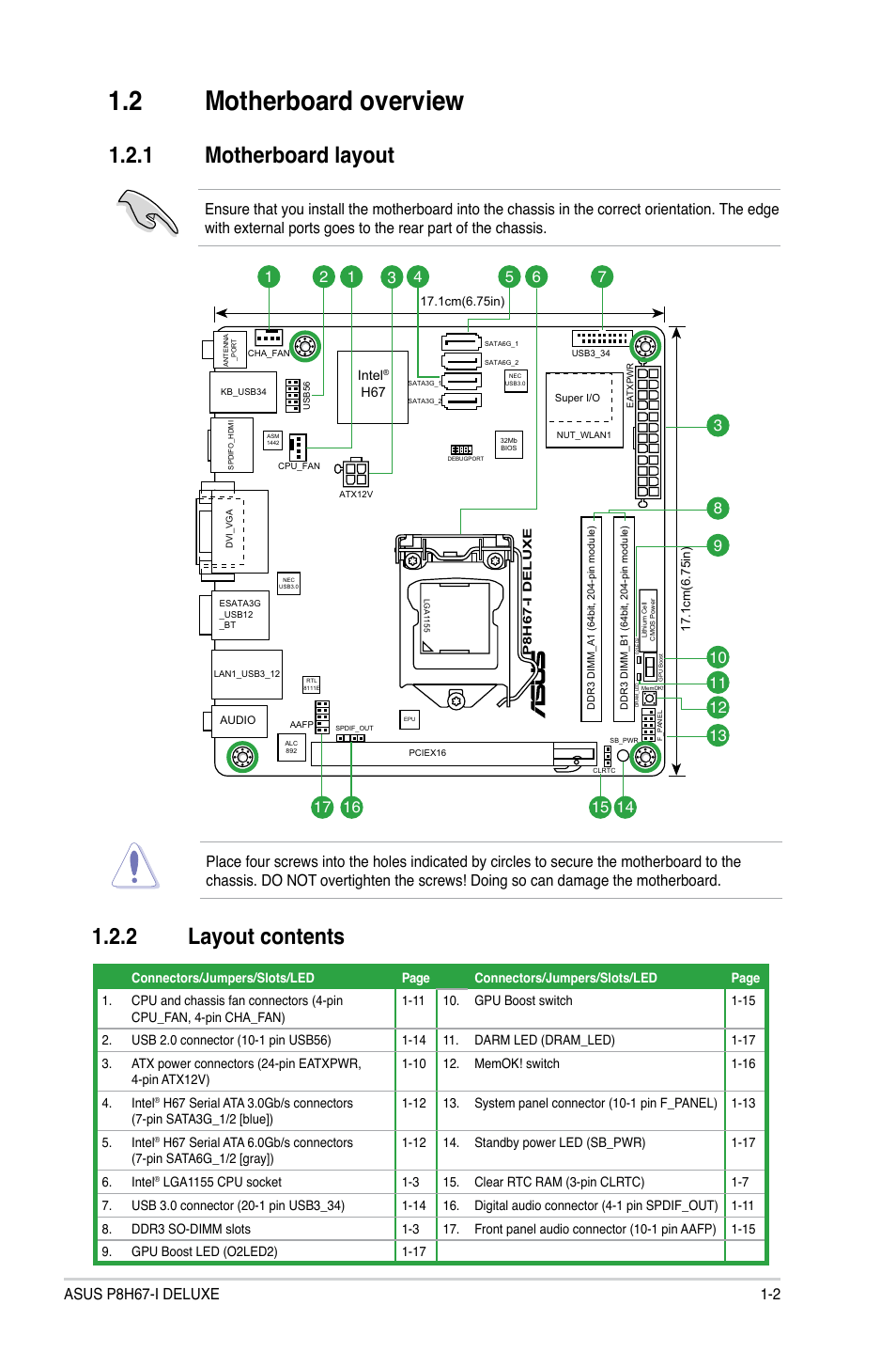 2 motherboard overview, 1 motherboard layout, 2 layout contents | Motherboard overview -2 1.2.1, Motherboard layout -2, Layout contents -2 | Asus P8H67-I Deluxe User Manual | Page 13 / 58