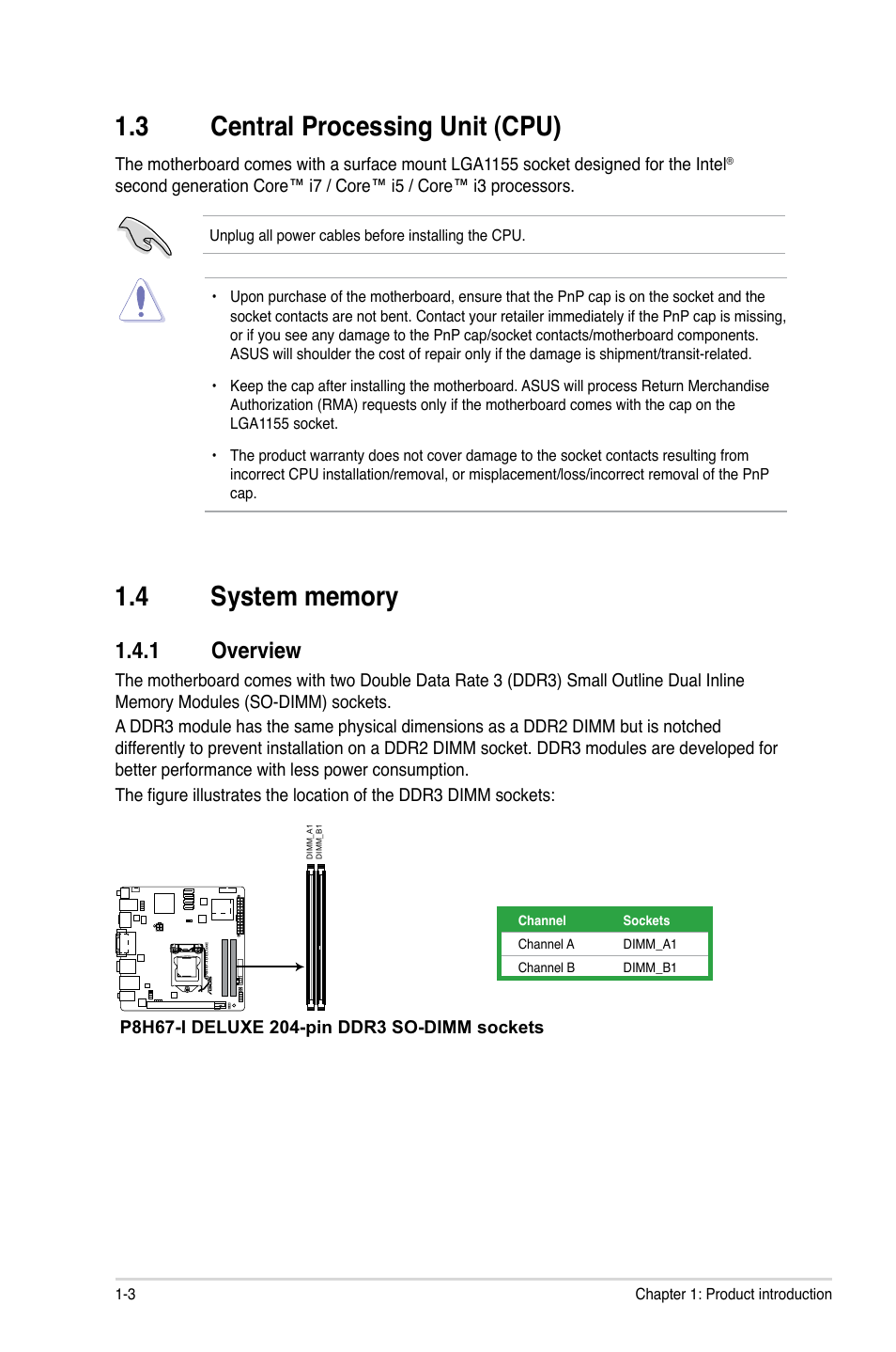 3 central processing unit (cpu), 4 system memory, 1 overview | Central processing unit (cpu) -3, System memory -3 1.4.1, Overview -3 | Asus P8H67-I Deluxe User Manual | Page 14 / 58