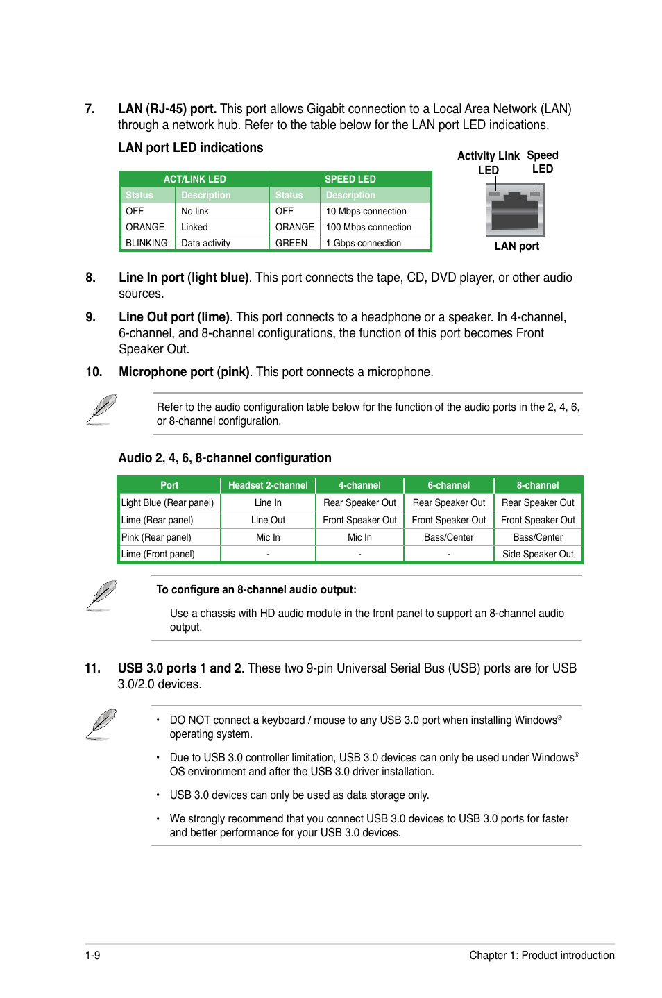 Audio 2, 4, 6, 8-channel configuration | Asus P8H67-I Deluxe User Manual | Page 20 / 58