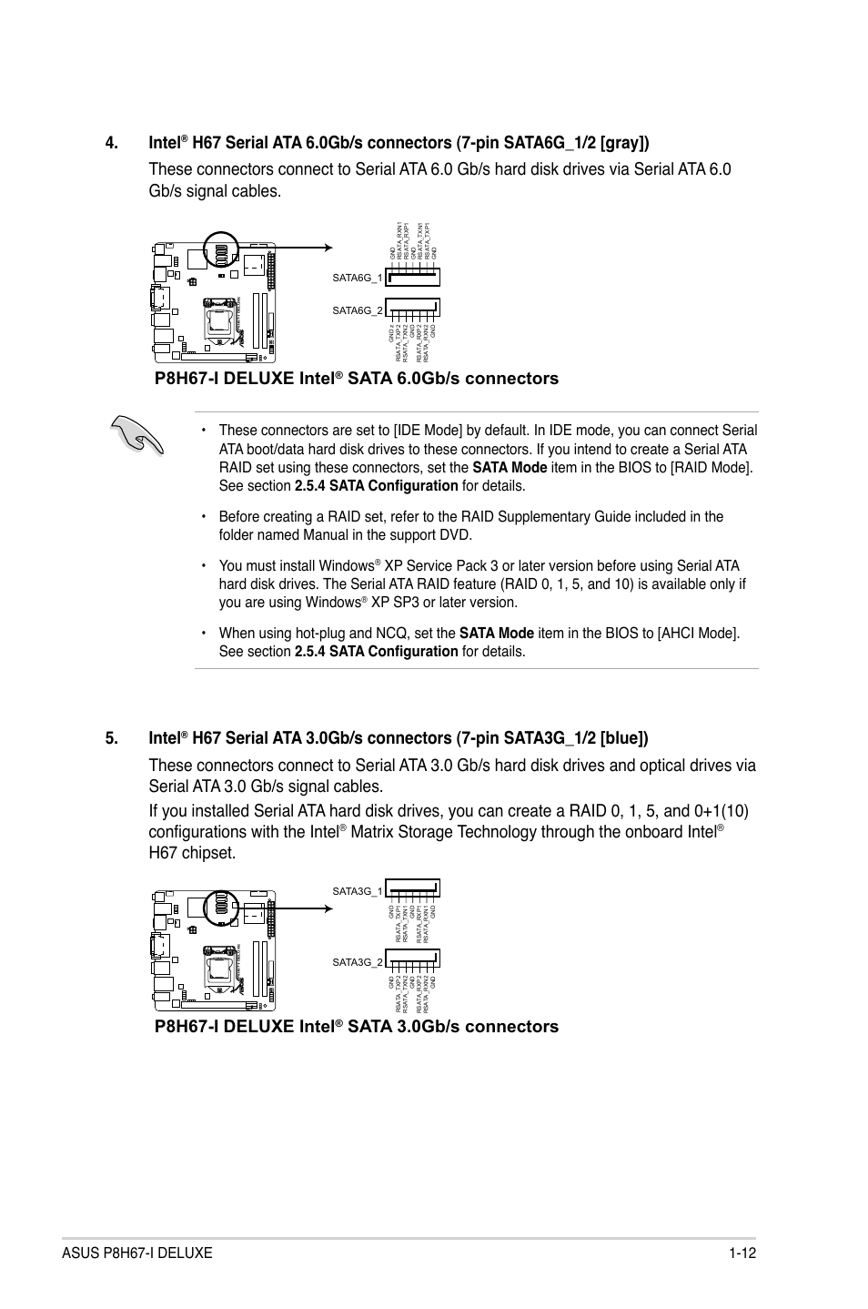Intel, H67 chipset, P8h67-i deluxe intel | Sata 6.0gb/s connectors, Sata 3.0gb/s connectors | Asus P8H67-I Deluxe User Manual | Page 23 / 58
