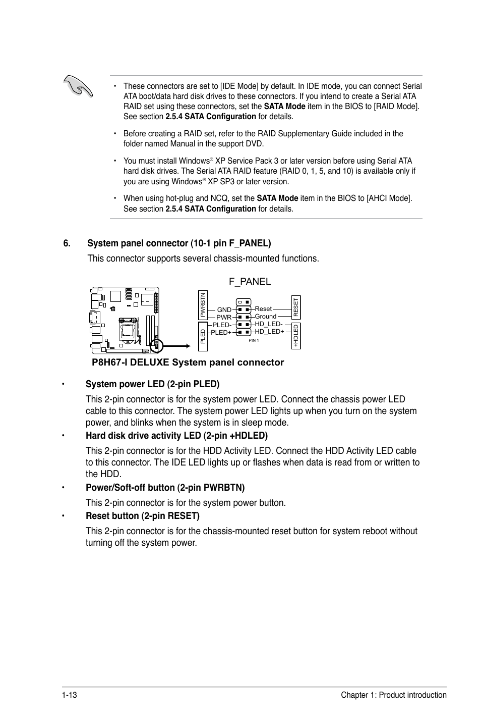 P8h67-i deluxe system panel connector, F_panel | Asus P8H67-I Deluxe User Manual | Page 24 / 58