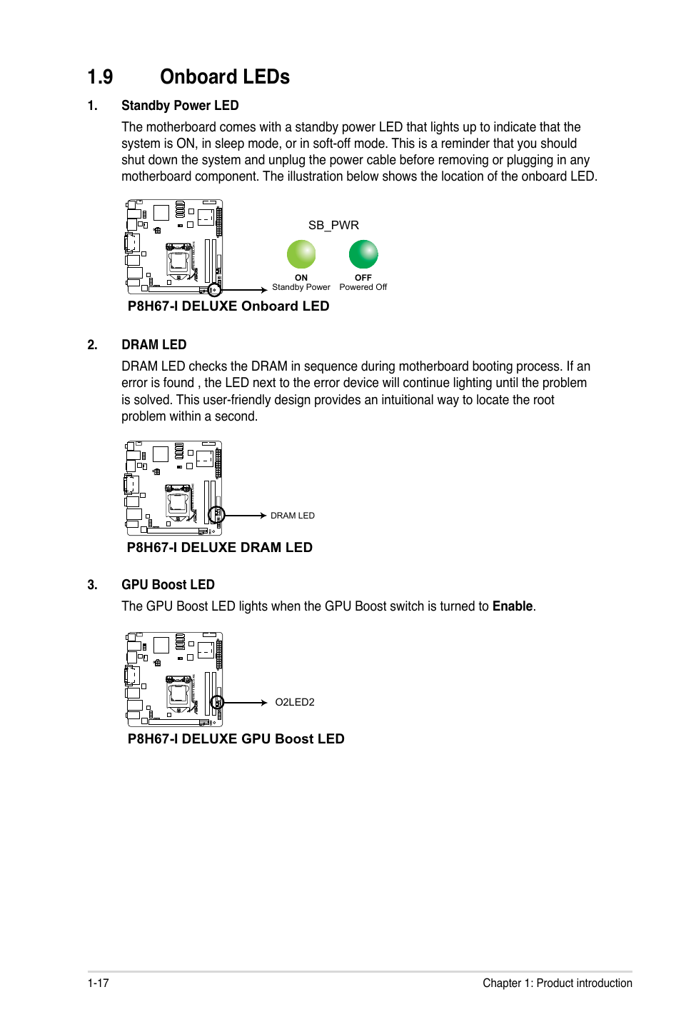 9 onboard leds, Onboard leds -17, P8h67-i deluxe onboard led | P8h67-i deluxe dram led, P8h67-i deluxe gpu boost led | Asus P8H67-I Deluxe User Manual | Page 28 / 58