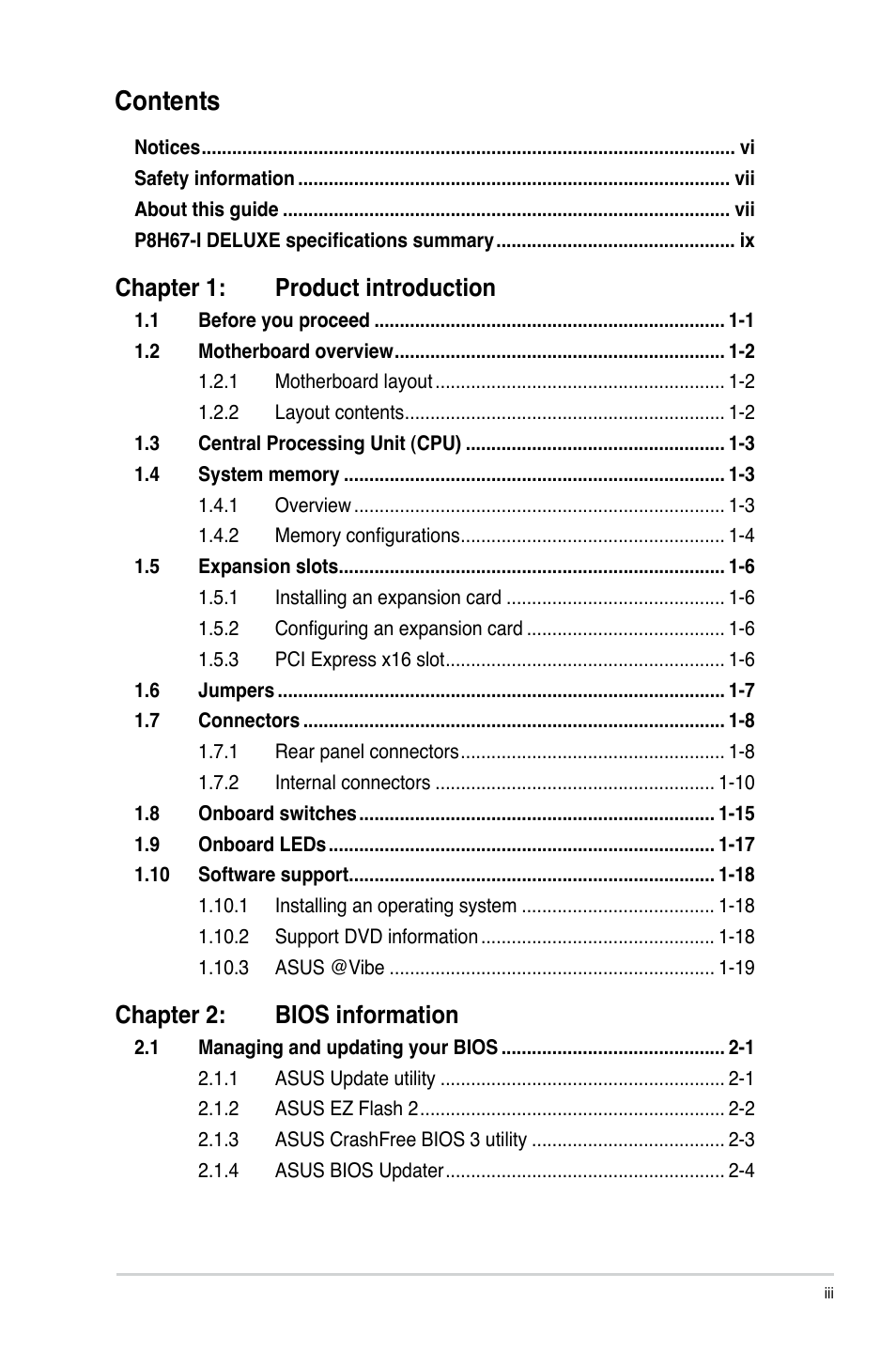 Asus P8H67-I Deluxe User Manual | Page 3 / 58