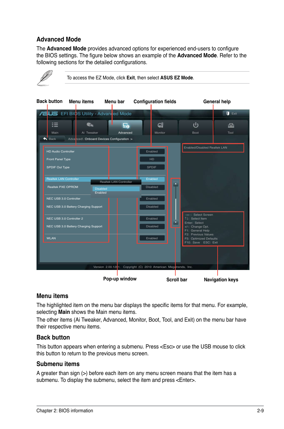 Advanced mode, Menu items, Back button | Submenu items, Chapter 2: bios information 2-9, Navigation keys | Asus P8H67-I Deluxe User Manual | Page 39 / 58