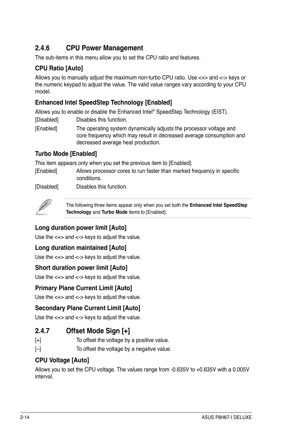 6 cpu power management, 7 offset mode sign, Cpu power management -14 | Offset mode sign -14 | Asus P8H67-I Deluxe User Manual | Page 44 / 58