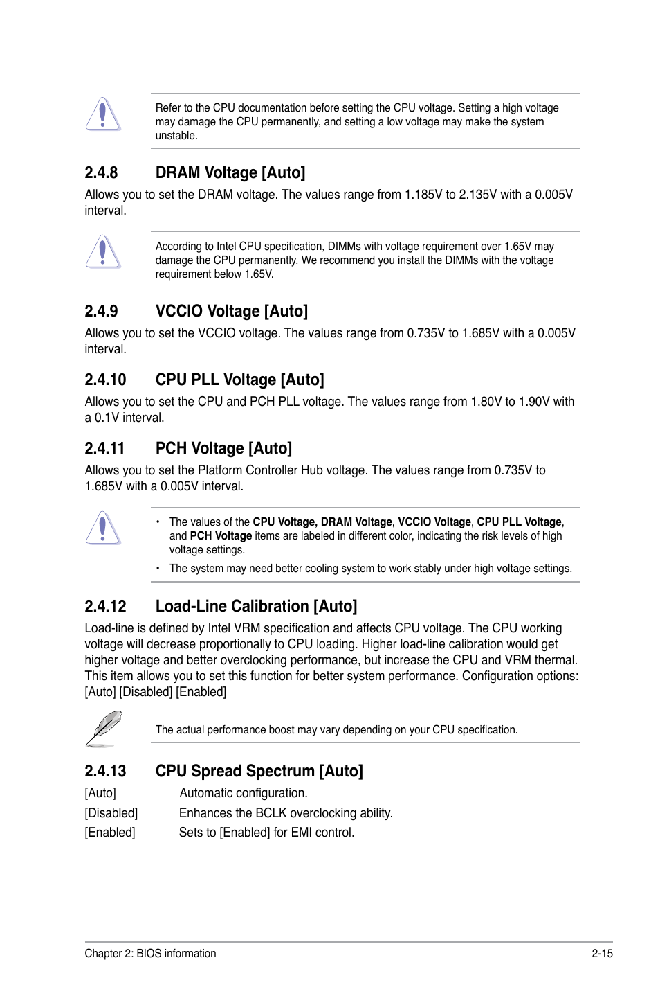 8 dram voltage, 9 vccio voltage, 10 cpu pll voltage | 11 pch voltage, 12 load-line calibration, 13 cpu spread spectrum, Dram voltage -15, Vccio voltage -15, 8 dram voltage [auto, 9 vccio voltage [auto | Asus P8H67-I Deluxe User Manual | Page 45 / 58