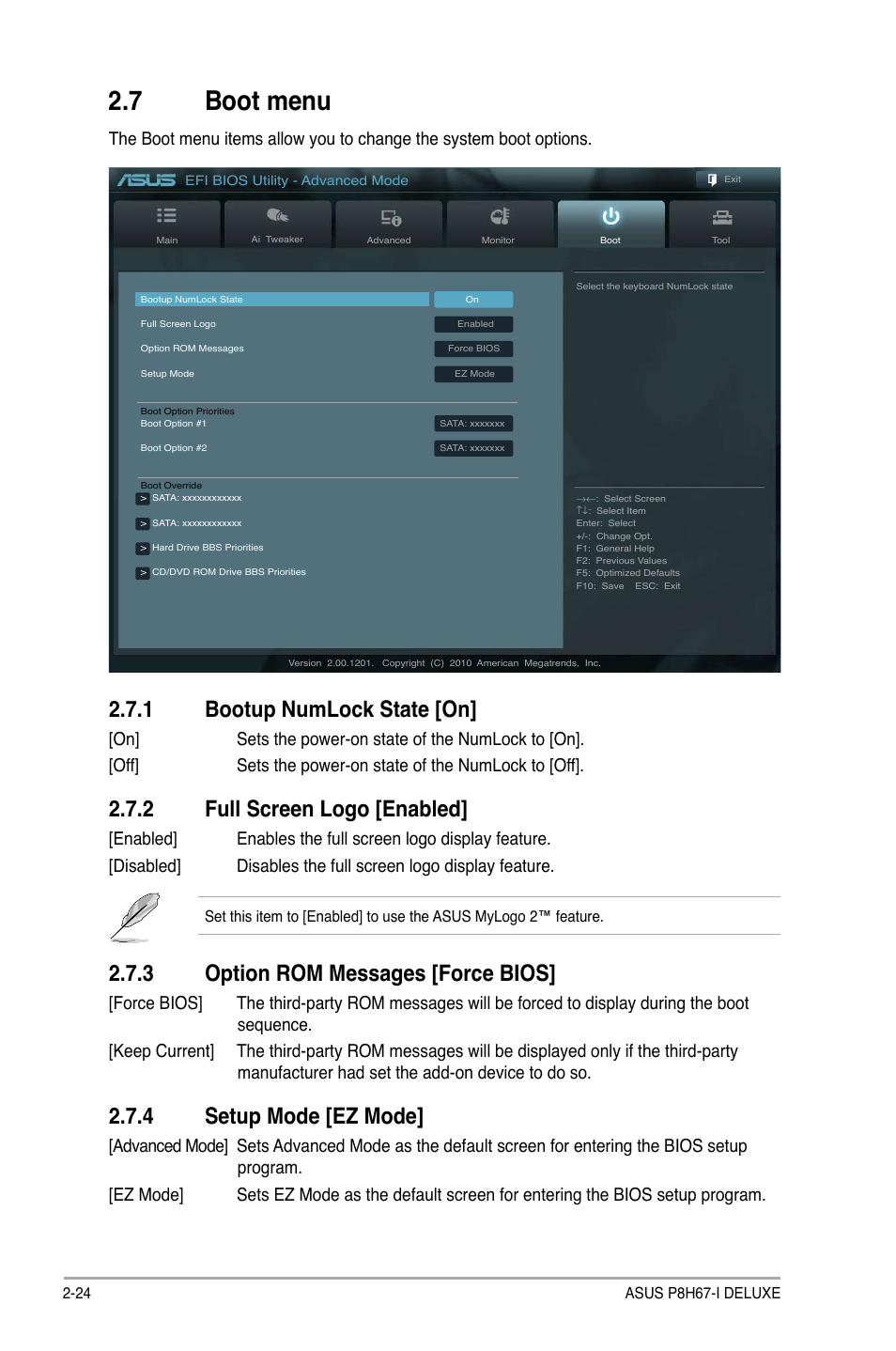 7 boot menu, 1 bootup numlock state, 2 full screen logo | 3 option rom messages, 4 setup mode, Boot menu -24 2.7.1, Bootup numlock state -24, Full screen logo -24, Option rom messages -24, Setup mode -24 | Asus P8H67-I Deluxe User Manual | Page 54 / 58