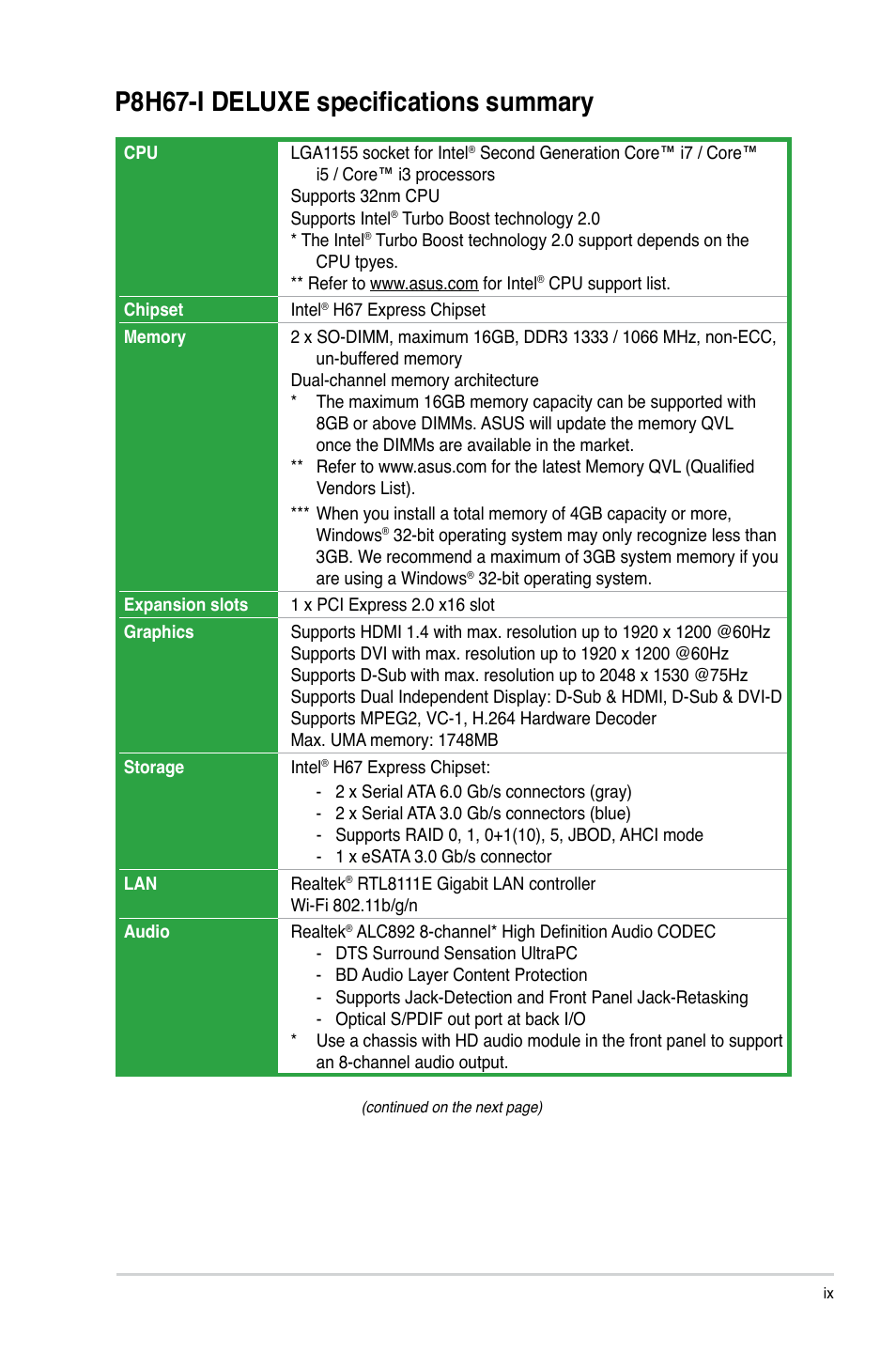 P8h67-i deluxe specifications summary | Asus P8H67-I Deluxe User Manual | Page 9 / 58