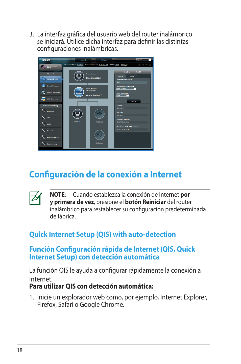 Configuración de la conexión a internet, Quick internet setup (qis) with auto-detection | Asus RT-N66U (VER.B1) User Manual | Page 18 / 70