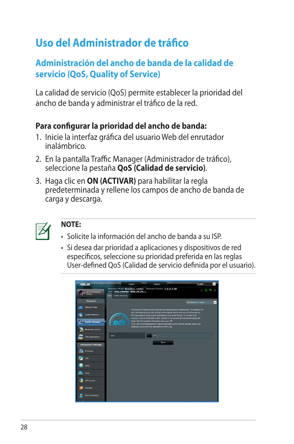 Uso del administrador de tráfico, Qos, quality of service) | Asus RT-N66U (VER.B1) User Manual | Page 28 / 70