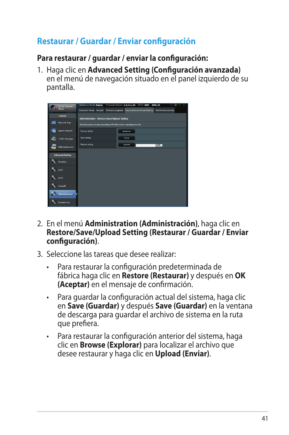 Restaurar / guardar / enviar configuración | Asus RT-N66U (VER.B1) User Manual | Page 41 / 70