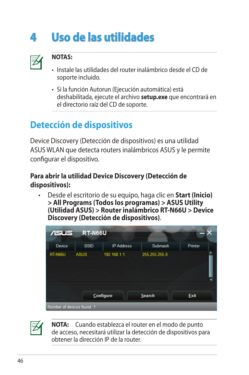 4 uso de las utilidades, Detección de dispositivos | Asus RT-N66U (VER.B1) User Manual | Page 46 / 70