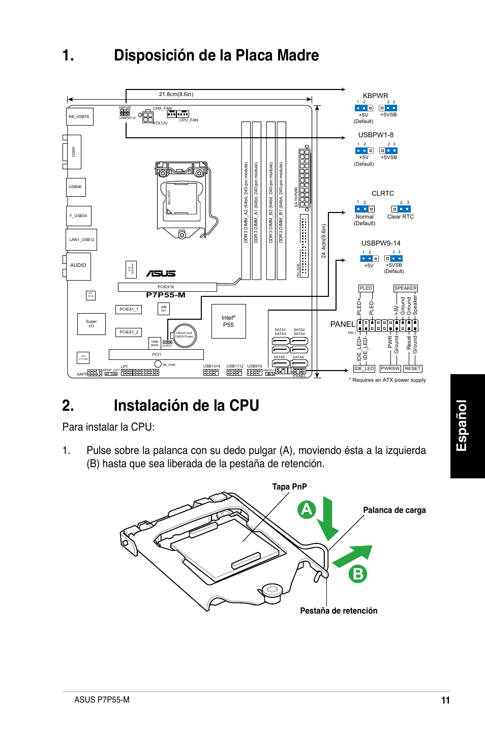 Español, Asus p7p55-m, Palanca de carga pestaña de retención tapa pnp | Panel | Asus P7P55-M/TPM User Manual | Page 11 / 42