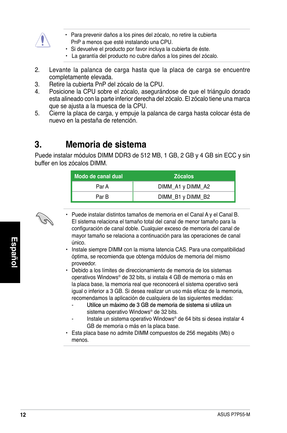 Español | Asus P7P55-M/TPM User Manual | Page 12 / 42