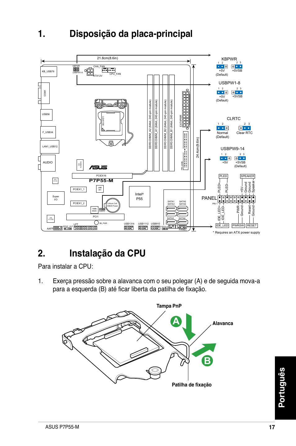 Disposição da placa-principal . instalação da cpu, Português, Asus p7p55-m | Alavanca patilha de fixação tampa pnp, Panel | Asus P7P55-M/TPM User Manual | Page 17 / 42